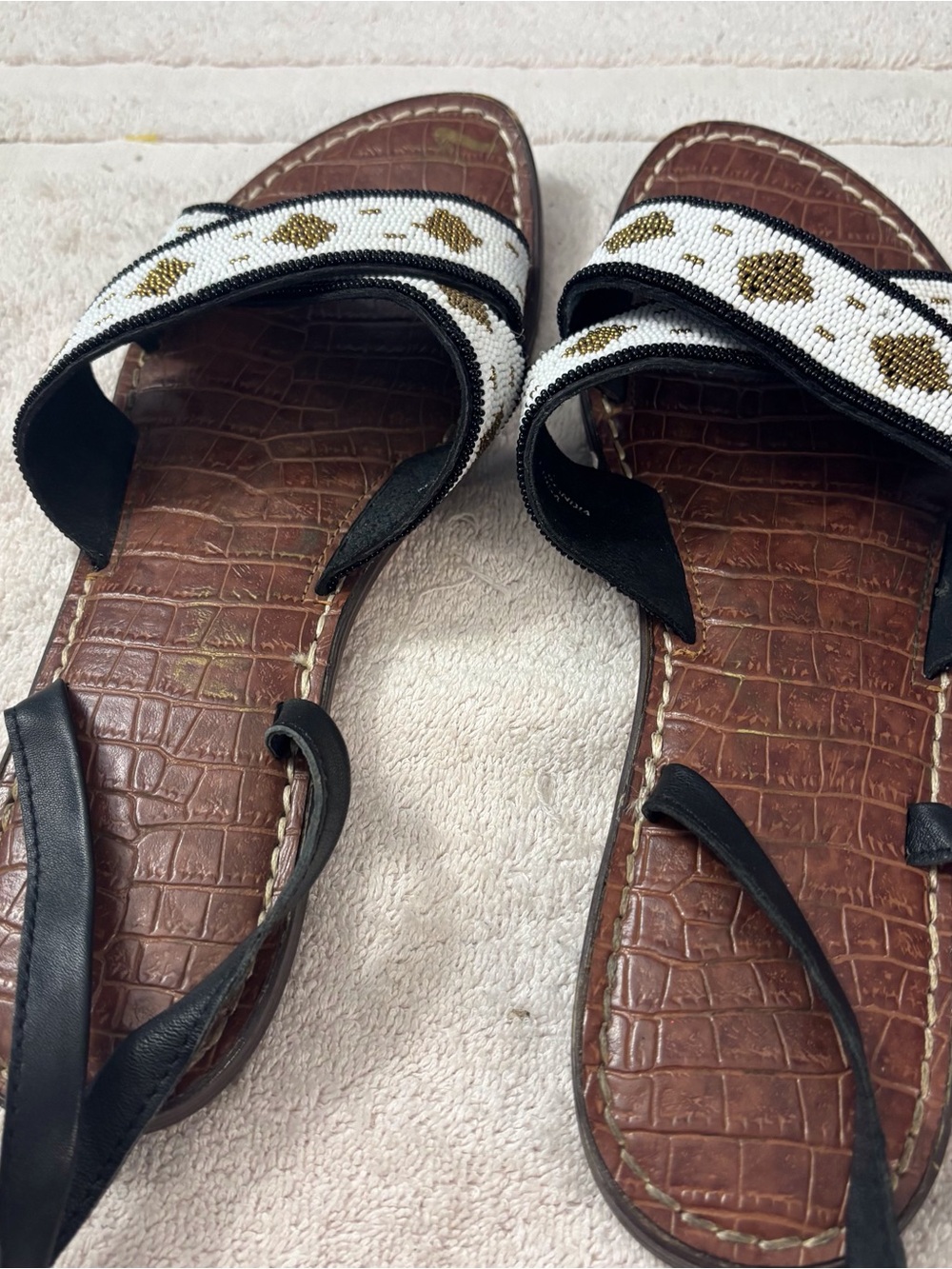 Sam Edelman Brown Leather Slide Sandals with White and Gold Beaded Straps - Picture 2 of 12